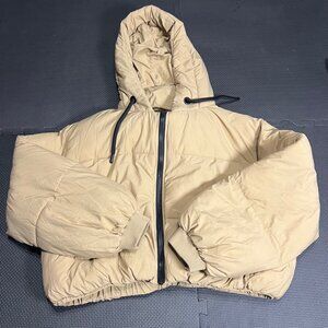 Zara Beige Hooded Puffer Jacket With Drawstring Accents & Elastic Cuffs Size S M